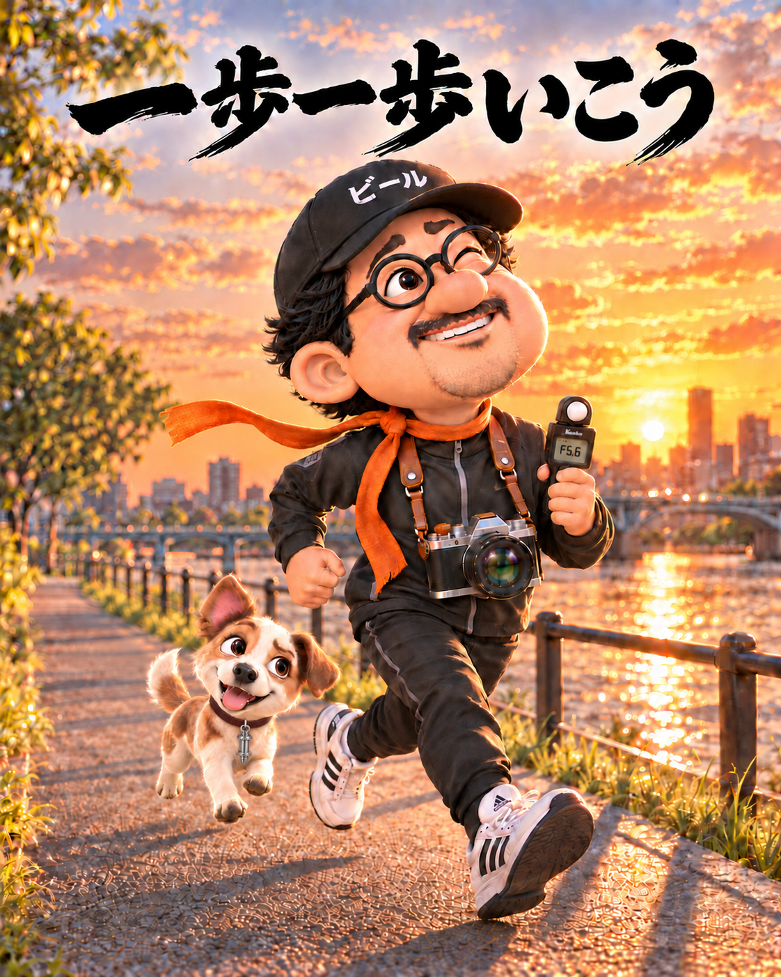 夕焼けの川沿いを露出計を持って走る撮るオジ。と、首輪にスピゴットを下げて追いかける小さな雑種犬。