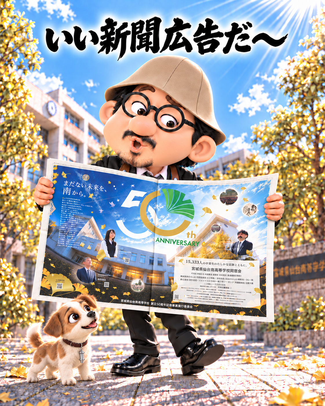 新聞の見開き広告に驚きながら見入る撮るオジ。と、足元で広告を見上げる小さな犬。