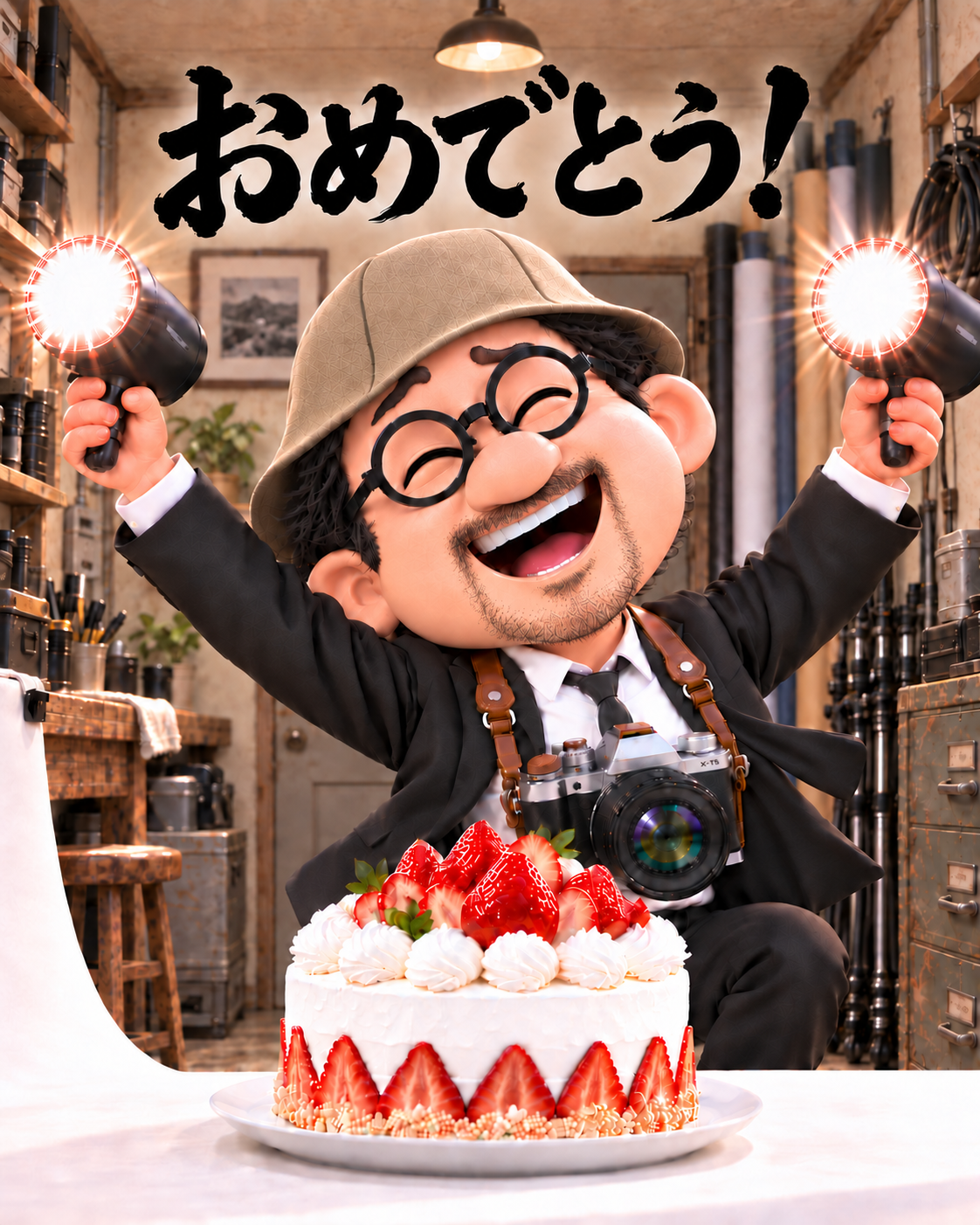 ケーキのそばで両手のストロボを掲げて祝う撮るオジ。