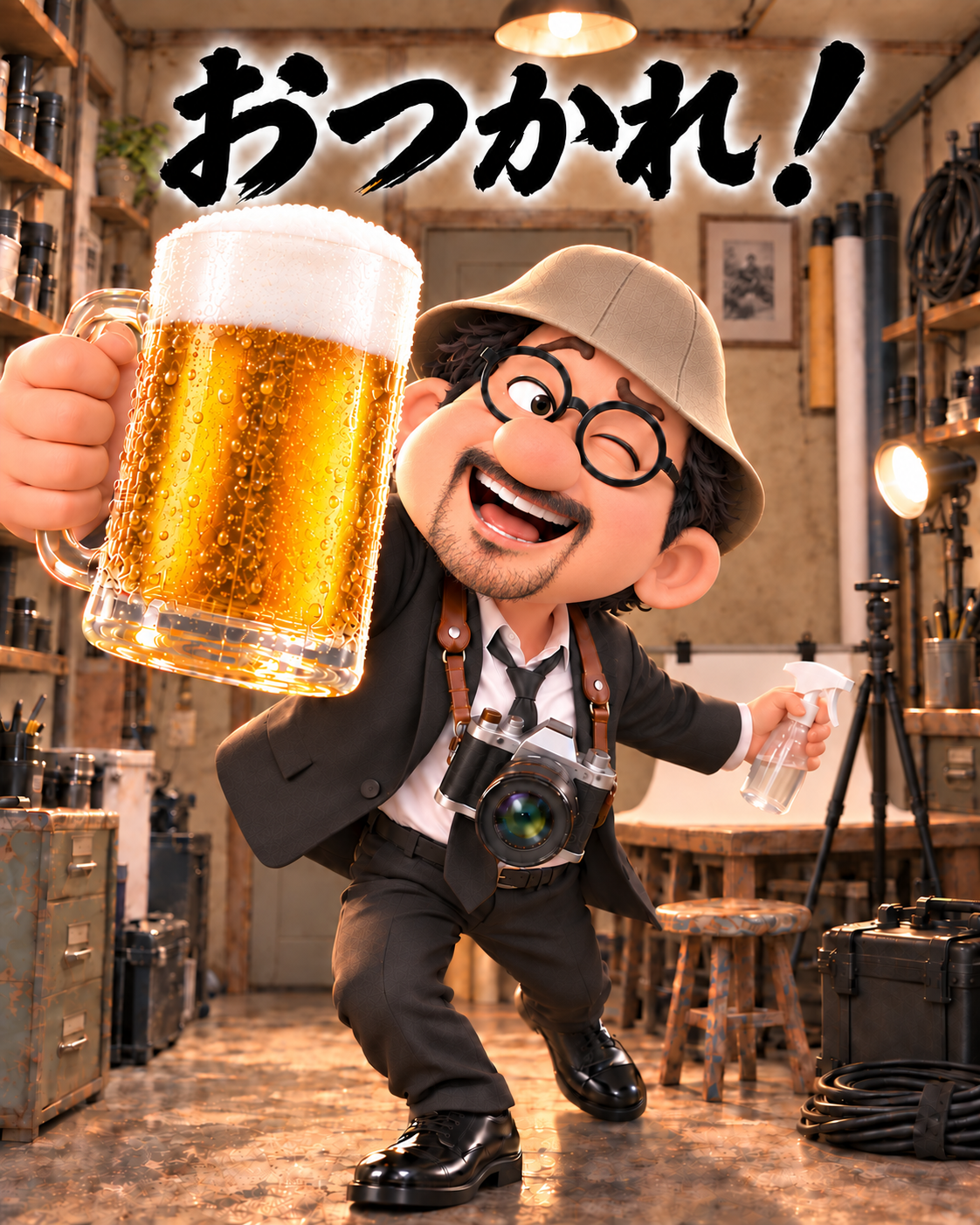 小さな昭和風スタジオで、撮影を終えた撮るオジ。が大きな生ビールジョッキを掲げる。手には霧吹き、奥には空の三脚。