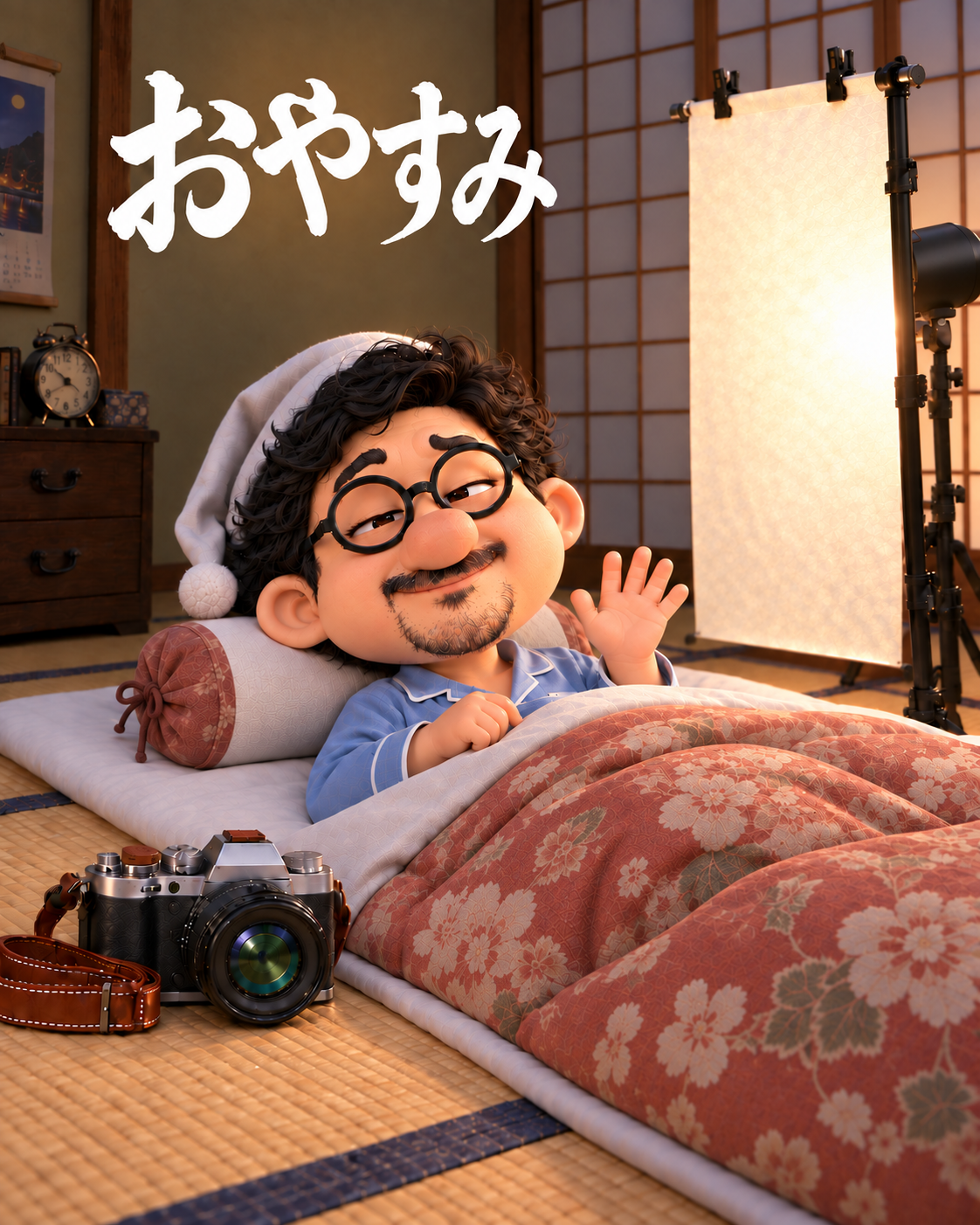 昭和の和室で、撮影用の光に照らされて布団に入る撮るオジ。