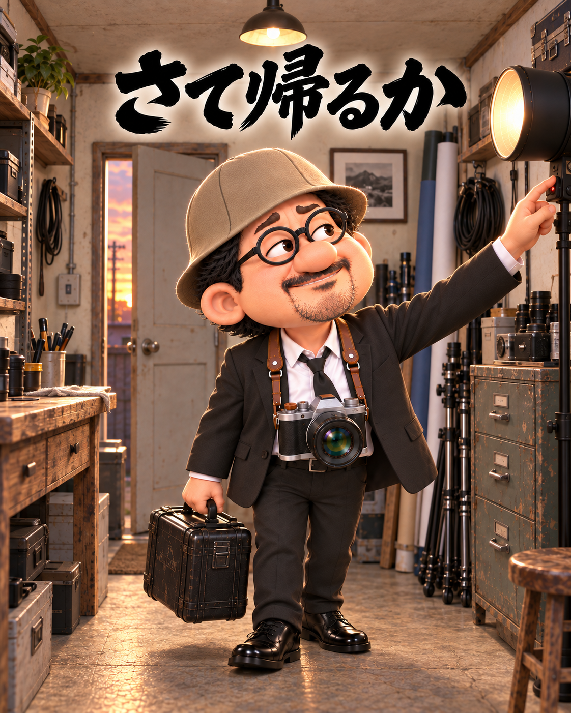 小さな昭和風の撮影スタジオで、機材ケースを持ち、最後のモデリングランプを消して帰ろうとする撮るオジ。